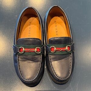 Romano Black Kids Leather Loafers with Green & Red Trim